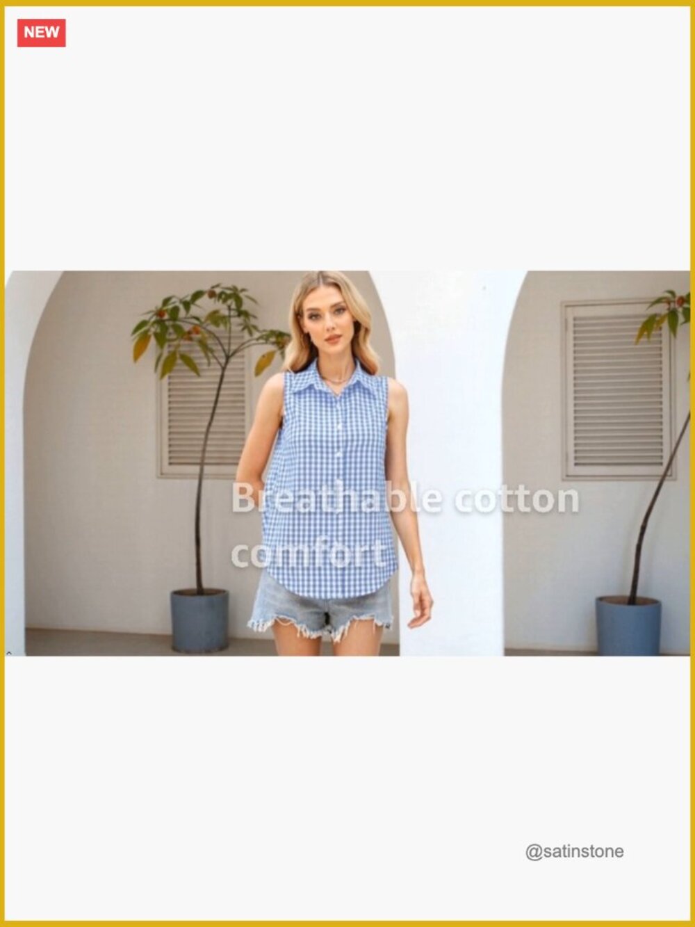 Women Cotton Gingham Button Down Blouse Slim Fit Sleeveless Top Shirt - Picture 7 of 7